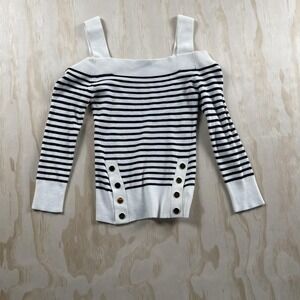 Express Sweater Womens Petite Small White Striped Square Neck Button Detail Knit